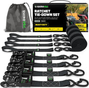 Rhino USA front packaging showing four heavy duty ratchet straps and benefits