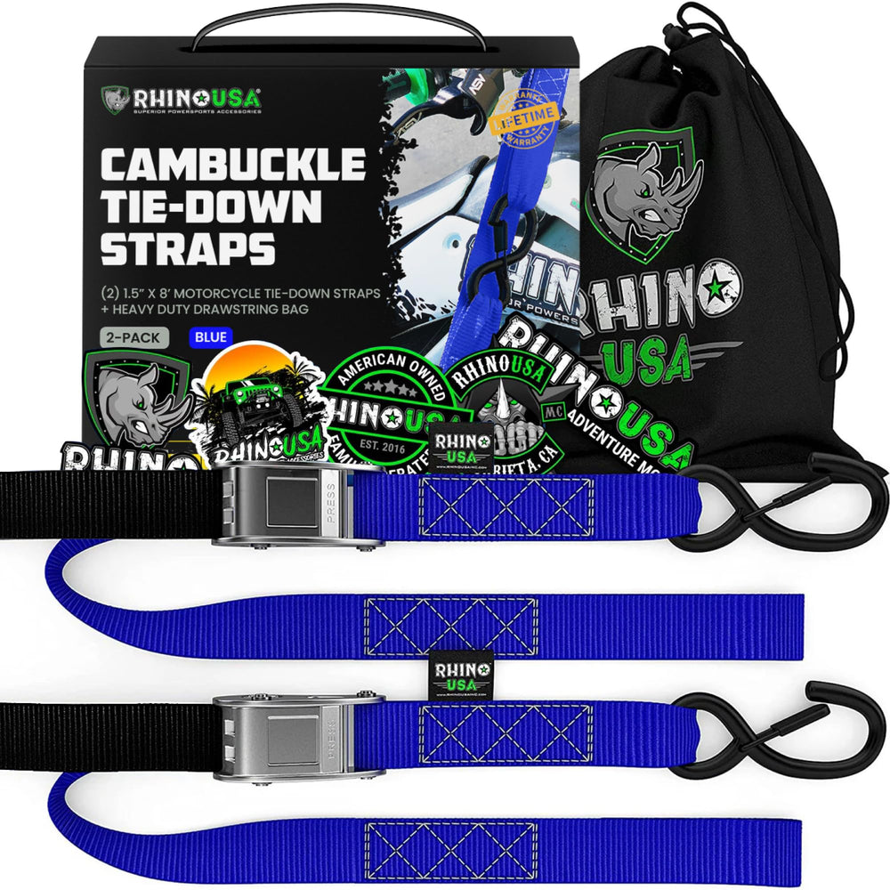Rhino USA front packaging showing two cambuckle tie-downs and benefits