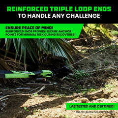 Rhino USA strap in use as a winch extension demonstrating safe vehicle recovery without damaging anchor