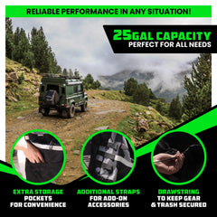Rhino USA spare tire bag installed on rear spare, secures dirty gear outside vehicle