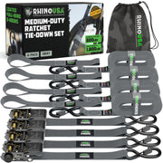 Rhino USA front-packaging showing four ratchet tie-downs and carry bag for organized storage