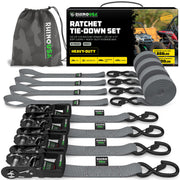 Rhino USA front pack of four ratchet tie downs showing product and branding benefit durability
