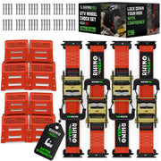 Rhino USA front packaging showing complete wheel chock tie down kit and benefit of ready-to-install hardware