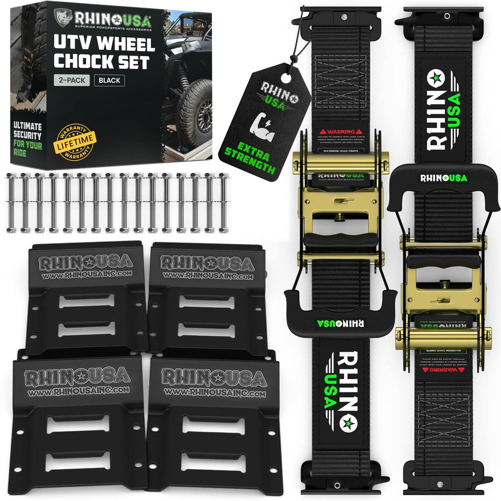 Rhino USA front packaging showing full wheel chock kit and benefit of complete kit