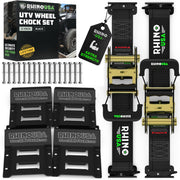 Rhino USA front packaging showing full wheel chock kit and benefit of complete kit