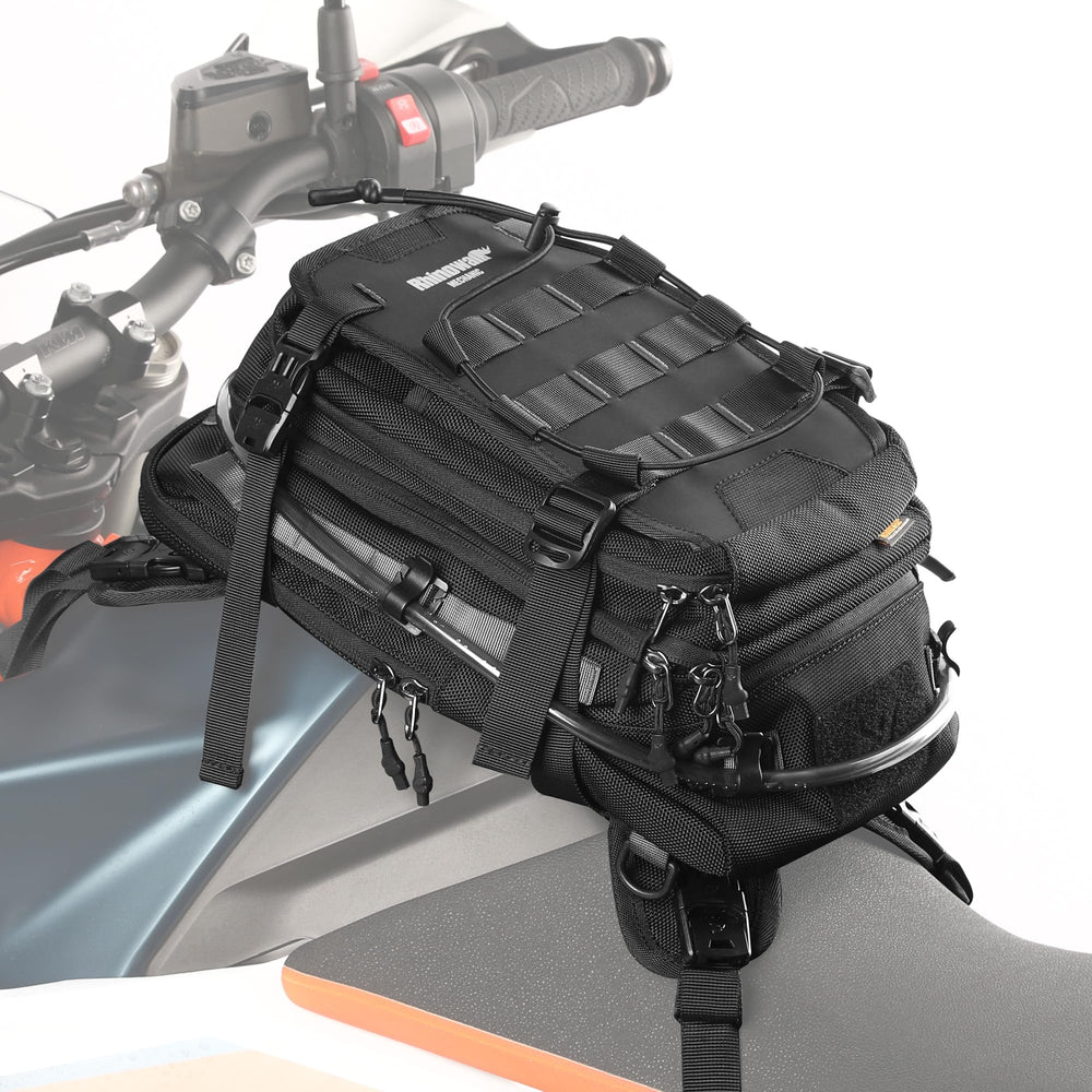 Rhinowalk front view on motorcycle showing secure fit and quick access