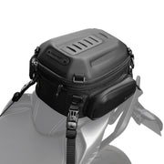 Rhinowalk tail bag front view showing matt black aerodynamic shell and secure storage