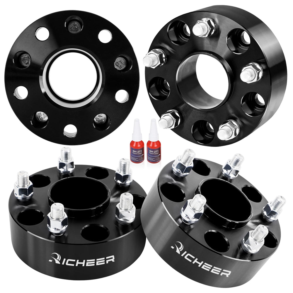 Richeer front view of 2-inch hubcentric wheel spacers showing kit benefits and hardware