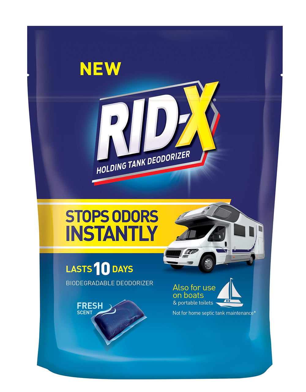 Rid‑X front packaging showing 8 pacs and fresh citrus scent benefit