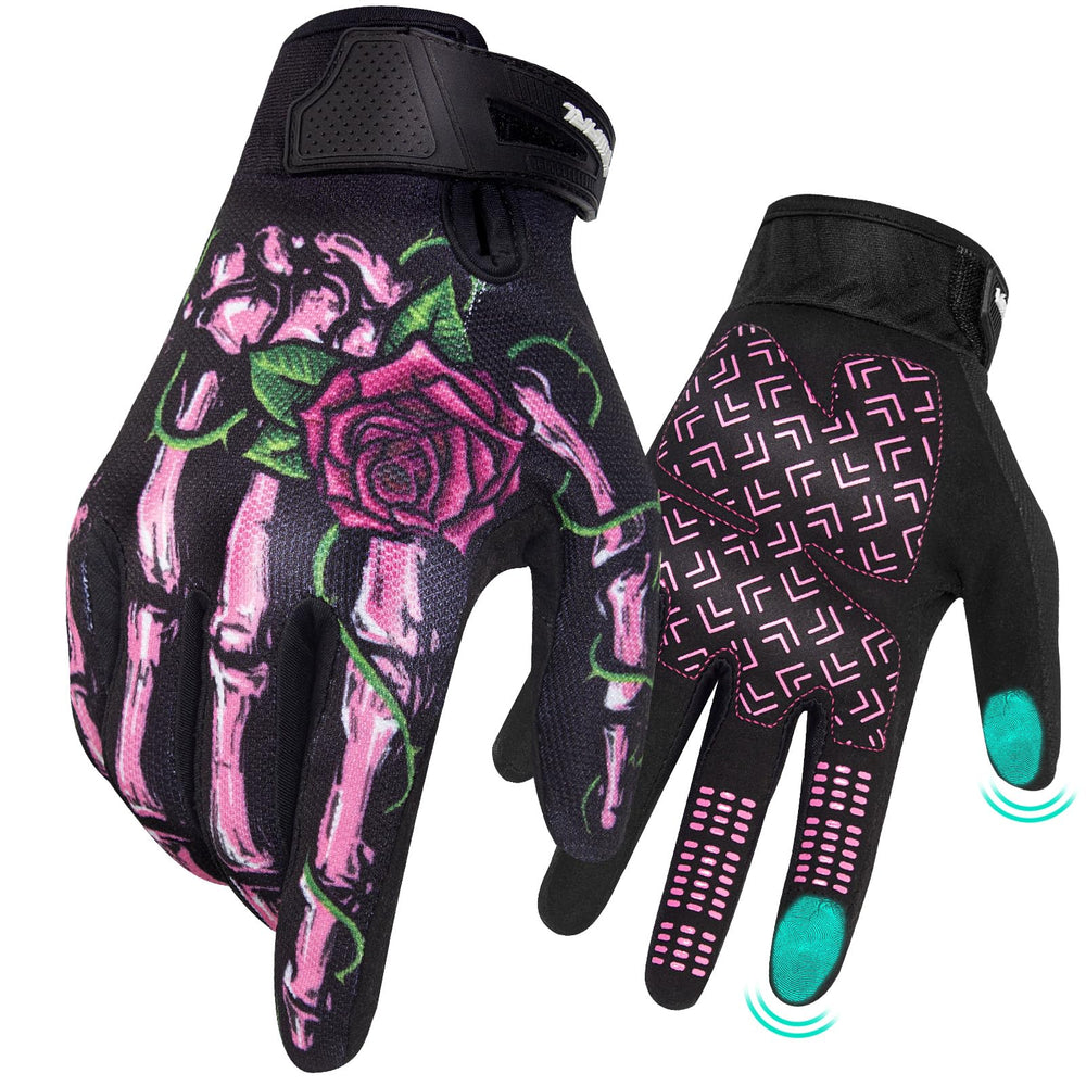 RIGWARL front view pink skeleton gloves showing full-finger protection and style