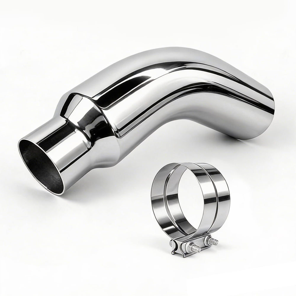 RILMATON front view exhaust elbow showing polished chrome and clean edge benefits