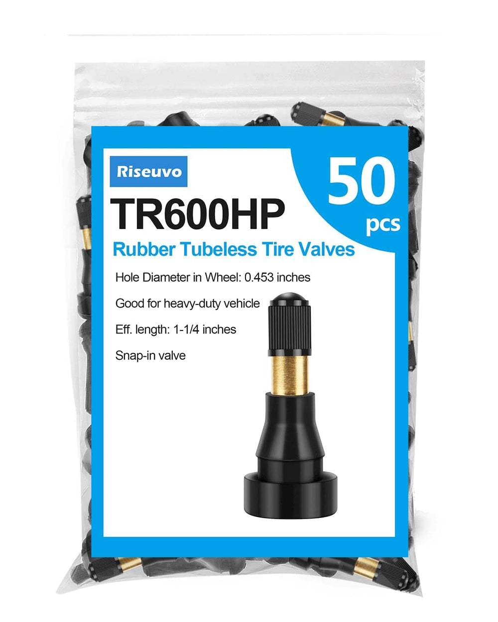 Riseuvo TR600 front packaging showing 50-piece high-pressure valve stems for fleets