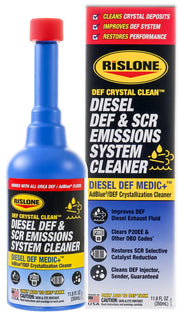 Rislone bottle front packaging showing product and benefit of dissolving DEF crystals