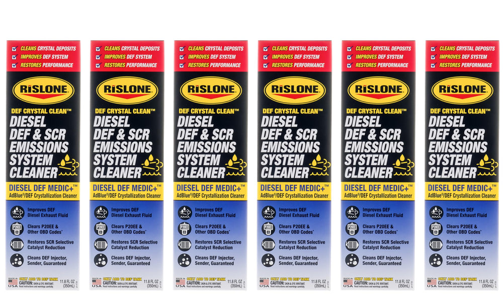 Rislone front view of six-pack DEF Crystal Clean showing product and benefit