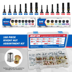 Rizom assortment of 168 rivnuts laid out to show included sizes and options