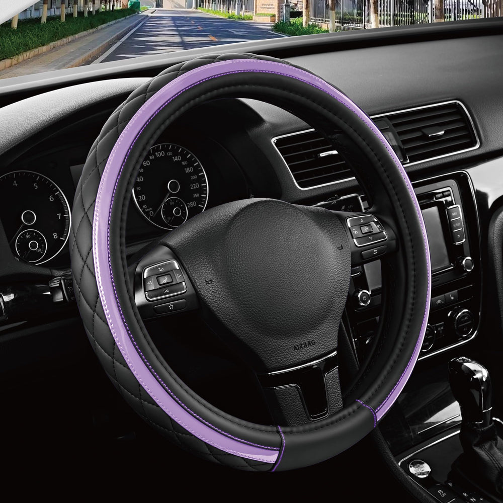 Road Comforts front view of black and purple steering wheel cover showing design and finish, adds sporty style