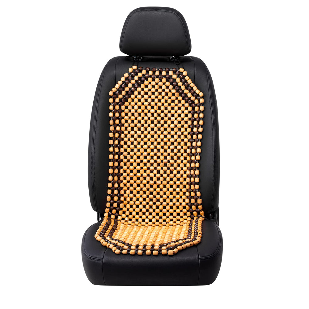 Road Comforts front view beige seat cover showing full bead layout and upgraded look