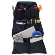 RoadPro front view showing full 14-pocket organizer and easy headrest fit benefit
