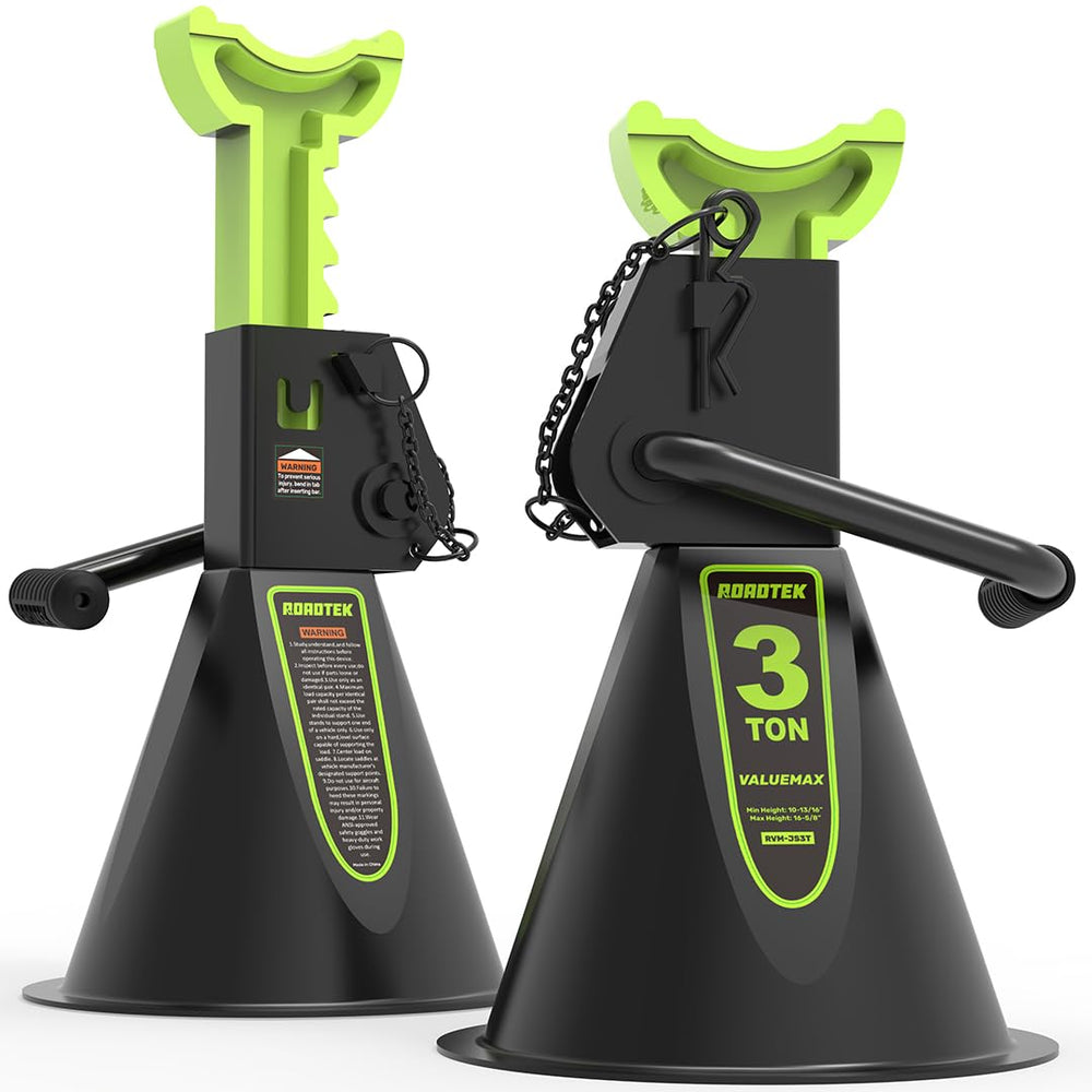 ROADTEK front view of pair of jack stands showing stable stance and secure support