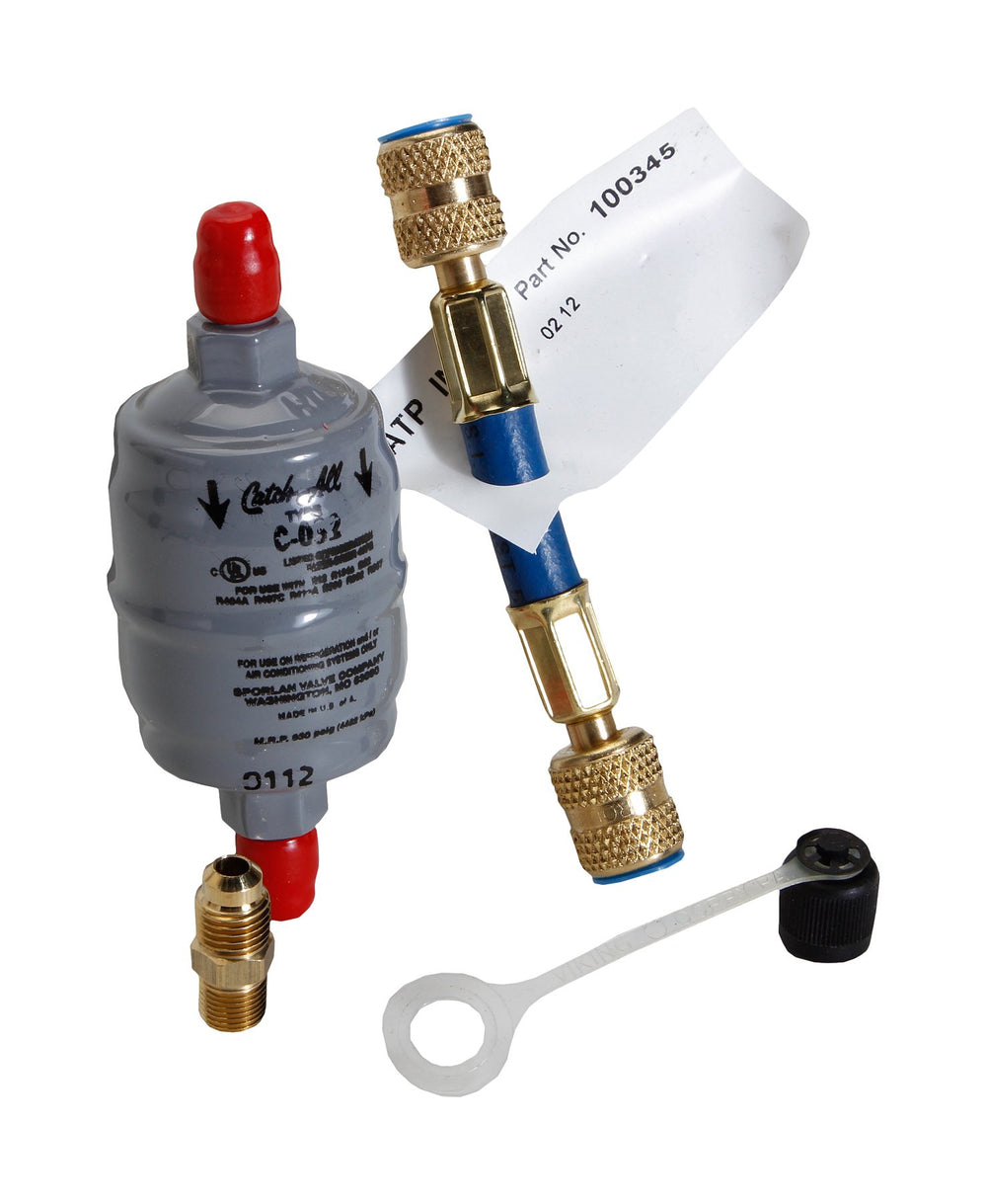 Robinair FLCK-1 kit front view showing hose adapter and inline filter, enables easy filter upgrades