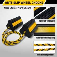 ROBLOК chocks positioned against an RV tire demonstrating stable immobilization