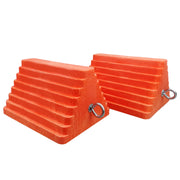 ROBLOK front view of two orange chocks showing size and durable design benefit
