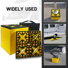 ROBLOK block positioned under RV wheel in use, provides quick on-site leveling
