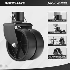rockane caster mounted on trailer jack demonstrating swivel action and easier maneuvering