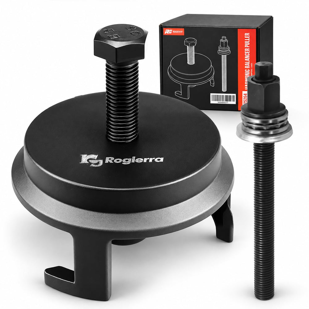 Rogierra front view of harmonic balancer puller showing clamp design and solid construction for safe removal