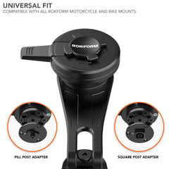 Rokform dampener mounted on motorcycle handlebar demonstrating stable ride benefit