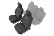 Rough Country packaging showing front seat cover set and included hardware benefits protection
