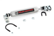 Rough Country N3 steering stabilizer front view showing mounting points and robust build for improved control