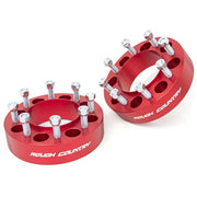 Rough Country front view of 2-inch spacers showing anodized red finish and hub-centric design for durability