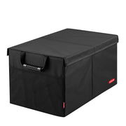 Rubbermaid front view showing organized compartments and secure cover benefit