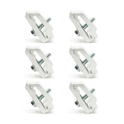 RuggedXL front view of six raw aluminum clamps showing compact profile and fit