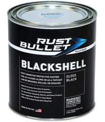RUST BULLET front view of BlackShell quart can showing product benefit protection