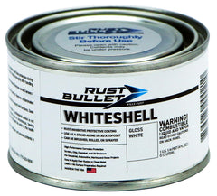 RUST BULLET front can showing WhiteShell quarter pint glossy white protection