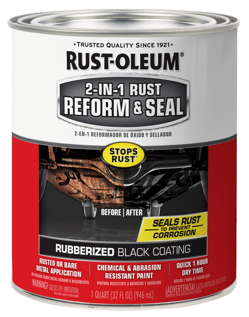 Rust-Oleum 2-in-1 front can showing label and black coating benefit