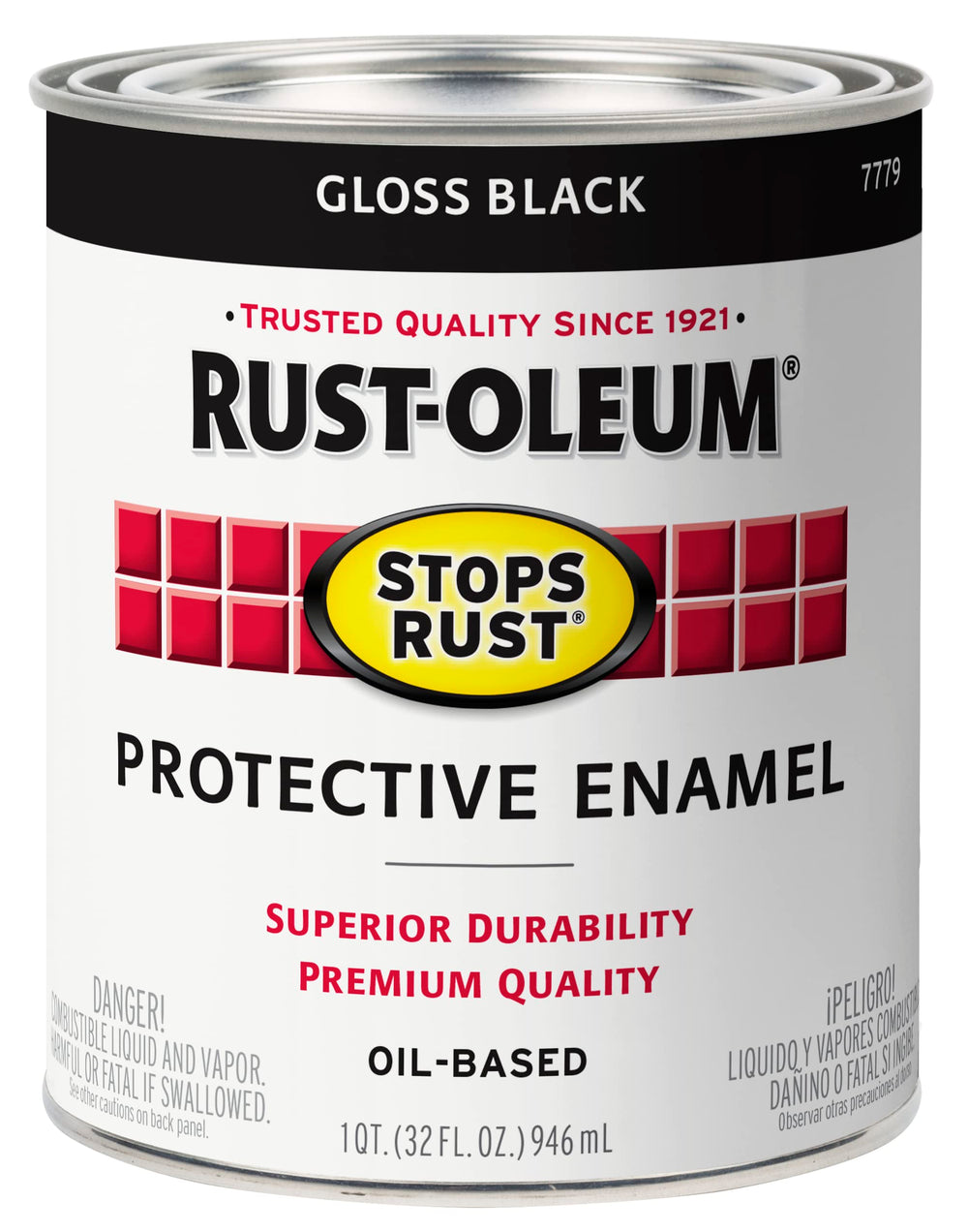 Rust-Oleum gloss black can front showing product and protective benefit