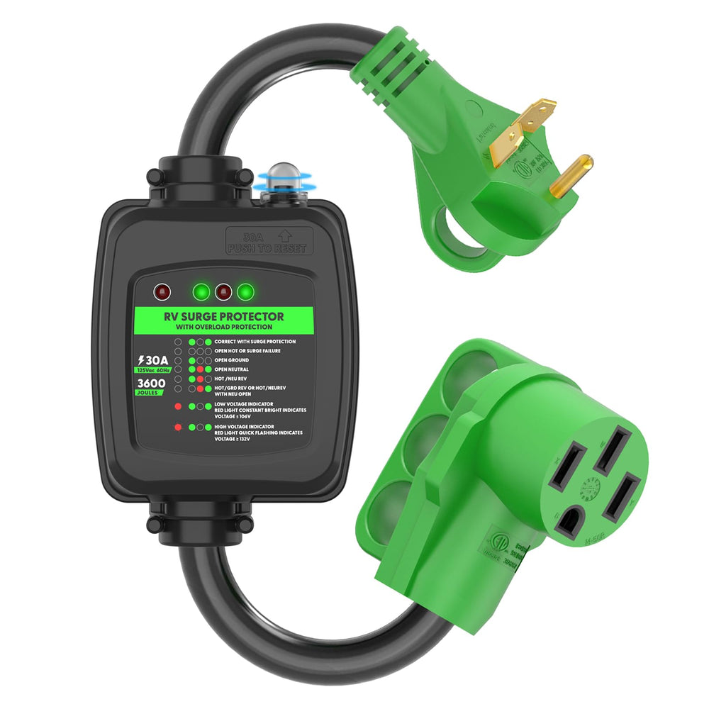 RVGUARD front view of adapter cord showing connectors and benefit of safe conversion