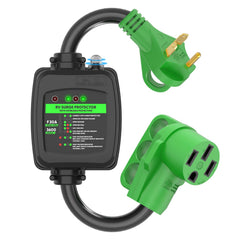 RVGUARD front view of adapter cord showing connectors and benefit of safe conversion