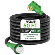 RVGUARD front angle view of 50 amp 50 foot cord showing durable jacket and length benefit
