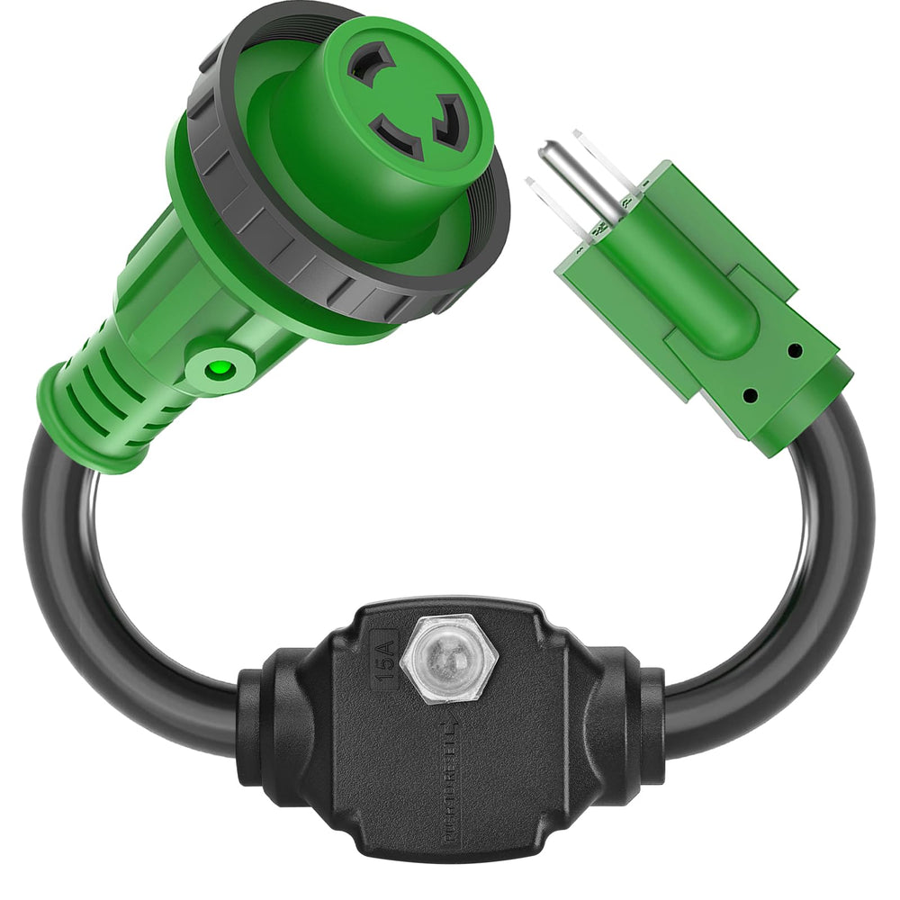 RVGUARD front view of 30A-to-15A adapter showing integrated breaker and connectors for safer hookups