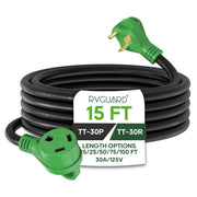 RVGUARD front connector view showing secure NEMA TT-30 fit and安心 connection