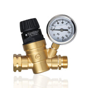 Rvhouse front view of regulator showing compact brass body and gauge, protects plumbing