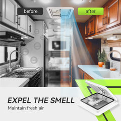 RVMATE remote control next to vent showing buttons for intake exhaust and stop convenience