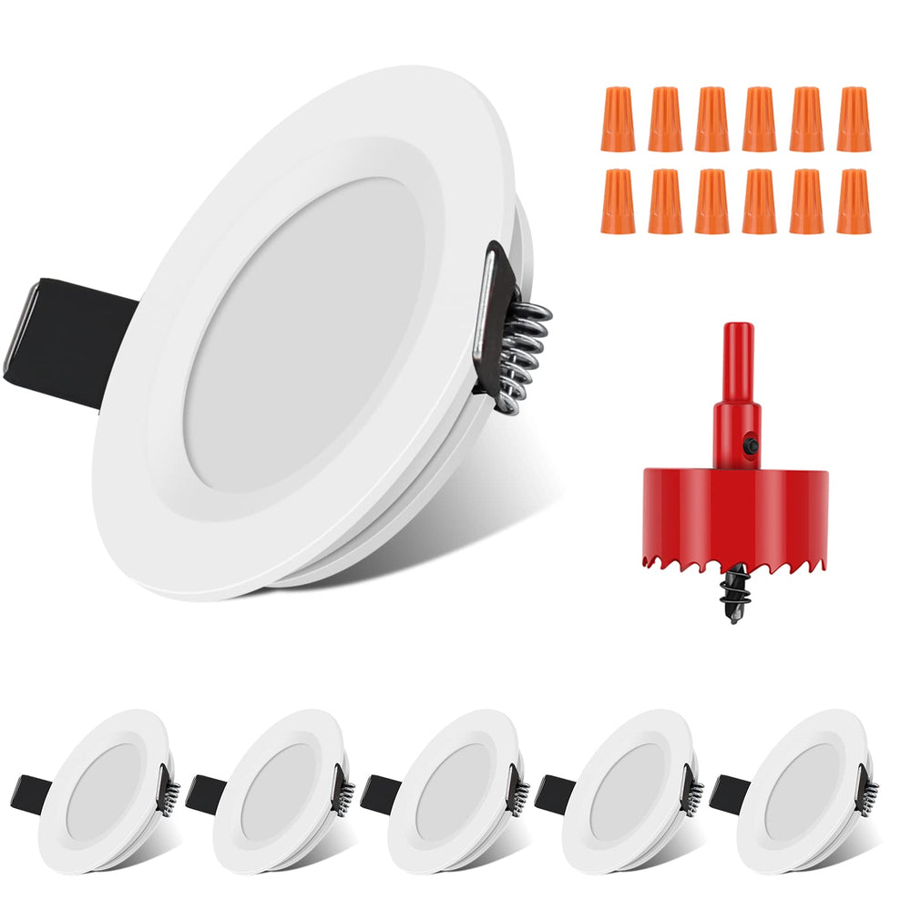 RVZONE front view of 6-pack recessed puck lights showing clean ceiling look and light