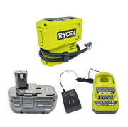 RYOBI inflator front view showing controls and portability benefit