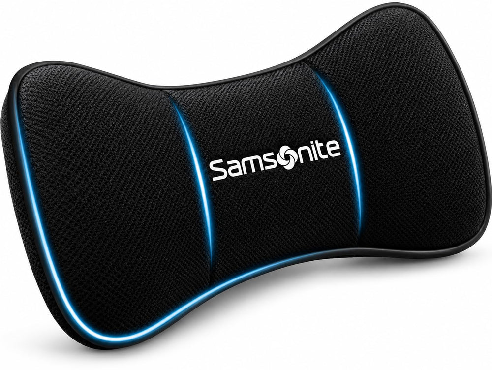 Samsonite front view of black neck pillow showing shape and ergonomic support