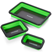SANDOR front view of three green collapsible magnetic trays showing sizes and shape benefit organization